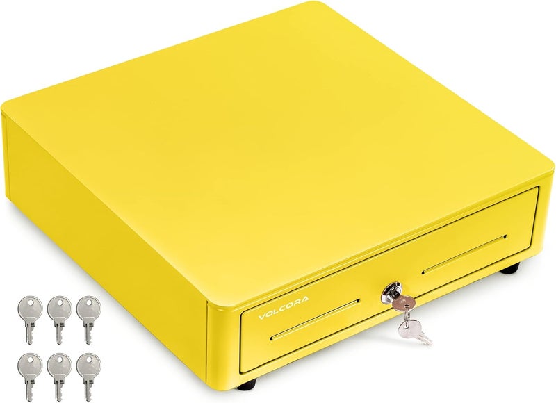 Volcora Cash Register Drawer for (POS) Point of Sale System with Round Corner 13", Removable Coin Tray, 4 Bill/5 Coin, 12-24V, RJ11/RJ12 Key-Lock, Media Slot,Cash Till, for Business, Yellow - Image 1
